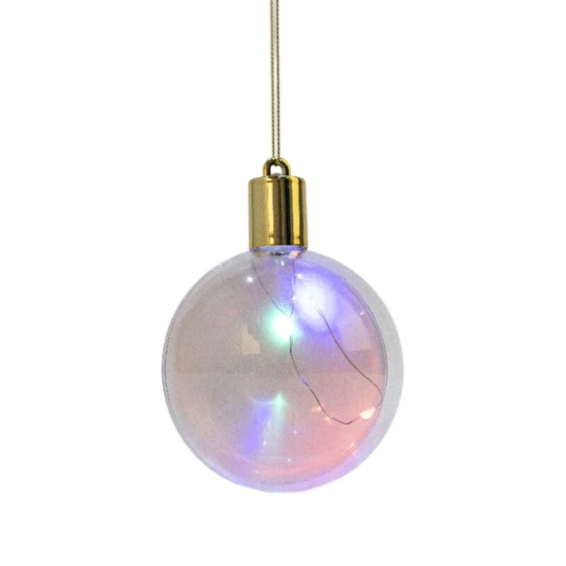 Esfera decorativa LED con luces de colores, cuerda dorada, ideal para decoración navideña o de fiestas.