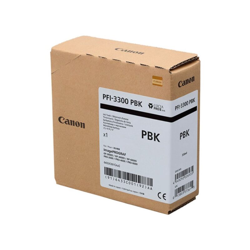Tóner Canon PFI-3300 PBK de 320 ml, compatible con impresoras imagePROGRAF para alta calidad en impresión fotográfica.