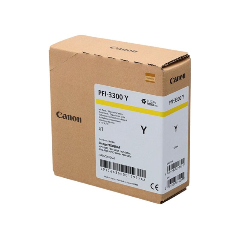 Tóner Canon PFI-3300 Y, cartucho de tinta amarilla para impresoras imagePROGRAF. Ideal para impresión fotográfica profesional.