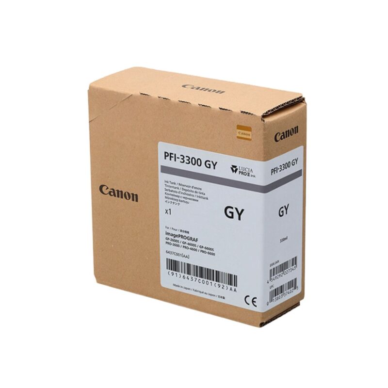 Cartón de tinta Canon PFI-3300 GY, 330ml, compatible con impresoras imagePROGRAF. Tinta gris premium.