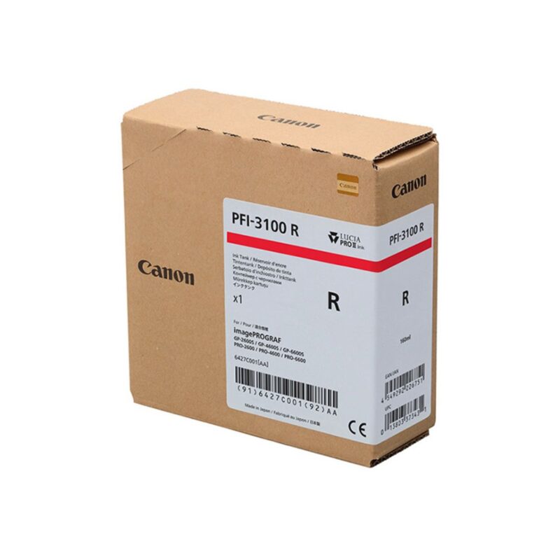 Tinte Canon PFI-3100 R para impresoras, capacidad 150ml, ideal para impresión de alta calidad en fotografía.