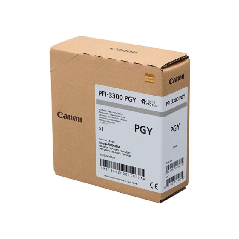 Tanque de tinta Canon PFI-3300 PGY para impresoras imagePROGRAF, 330 ml, color gris. Ideal para impresión de alta calidad.