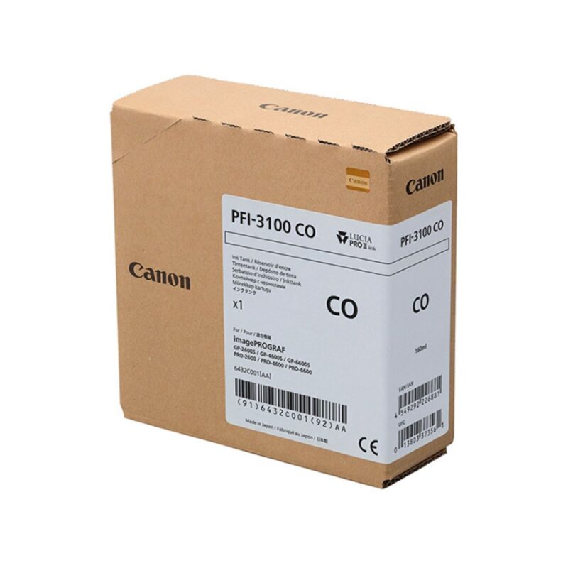 Tanque de tinta Canon PFI-3100 CO, compatible con impresoras imagePROGRAF, ideal para trabajos gráficos profesionales.