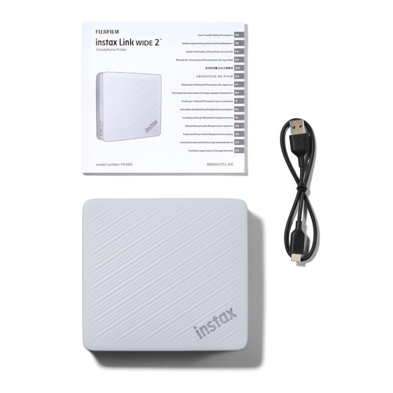 fuj170516-9-16e Impresora de fotos Fujifilm instax Link WIDE 2, color blanco, incluye cable USB y manual de usuario.