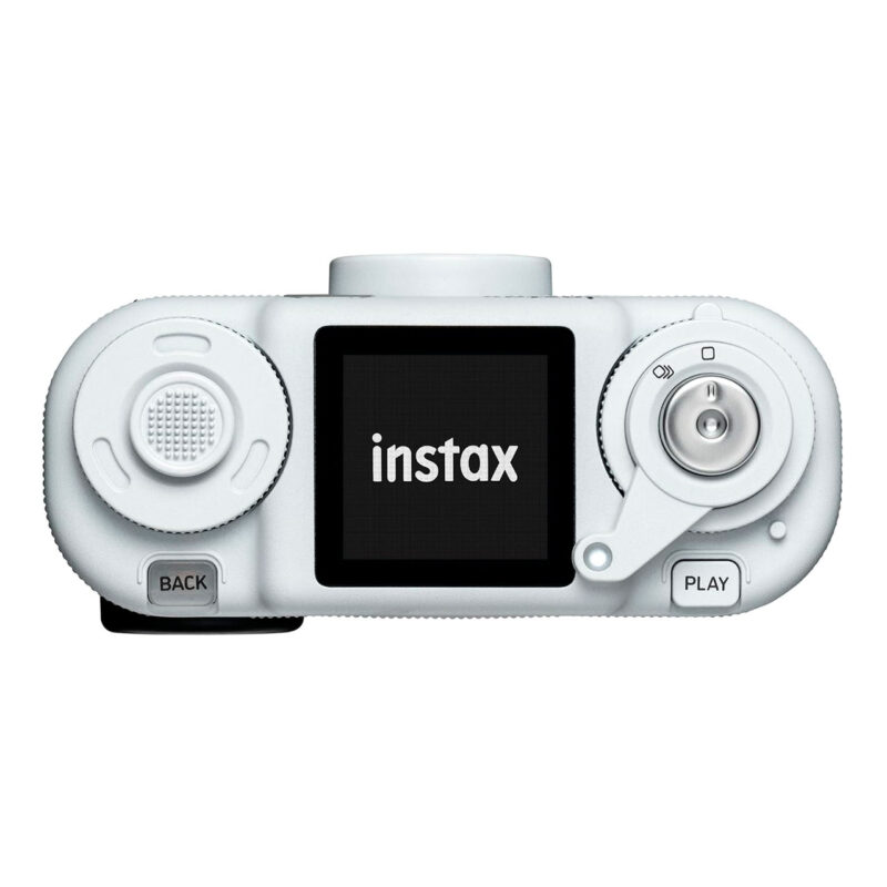 fuj170519-3-c73 Cámara instax blanca, diseño compacto con pantalla y botones de control, ideal para fotografía instantánea.