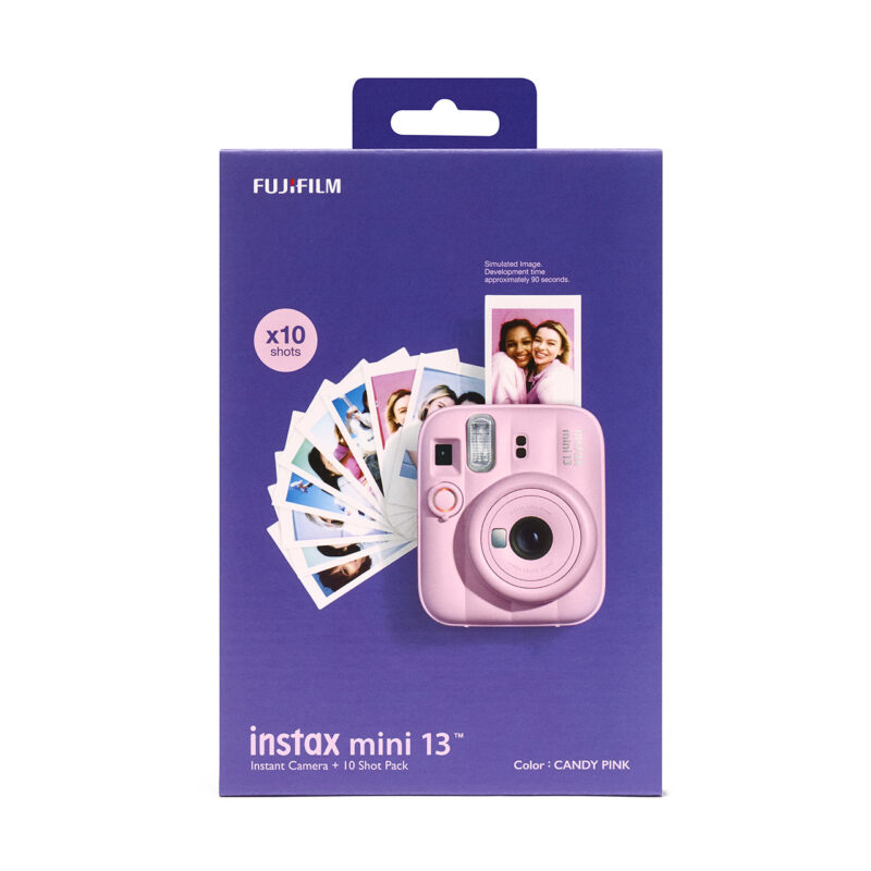 fuj170520-10-c46 Cámara instantánea Fujifilm Instax Mini 13 en color rosa, incluye 10 fotos impresas y un diseño compacto.