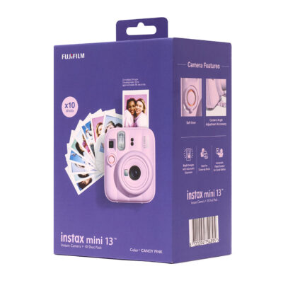 Cámara instantánea Fujifilm Instax Mini 13 en color rosa, incluye 10 fotos, autoexposición y ajuste de ángulo.