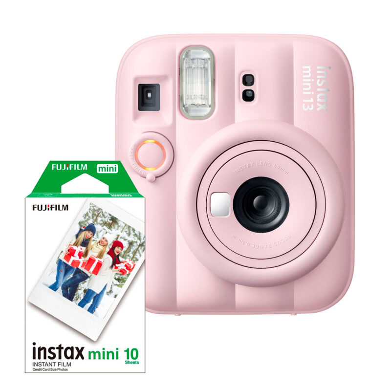 Cámara instantánea Fujifilm Instax Mini 13 color rosa con paquete de película Instax Mini de 10 hojas.