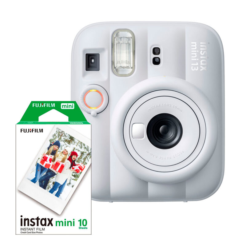 Cámara instantánea Fujifilm Instax Mini 13, en blanco, con cartucho de película Mini 10 visible. Ideal para fotos instantáneas.