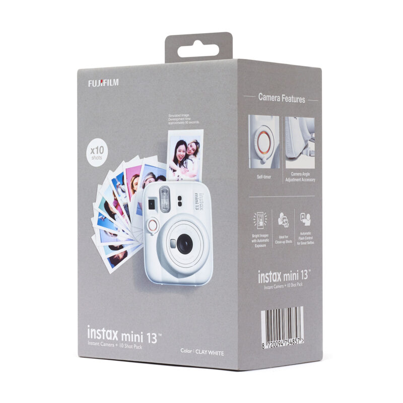 fuj170521-8-00a Cámara instantánea Fujifilm Instax Mini 13, color blanco arcilla, incluye envase con fotos impresas y accesorios.