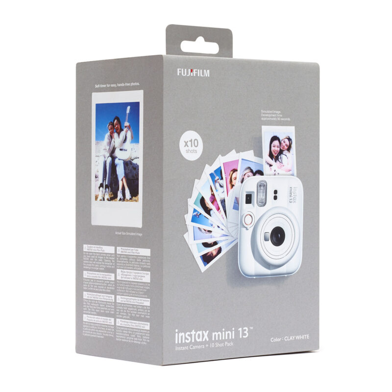 fuj170521-9-503 Cámara instantánea Fujifilm Instax Mini 13 en color blanco arcilla con pack de 10 fotos. Ideal para recuerdos inmediatos.