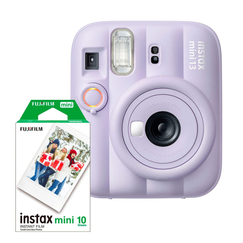 Cámara instantánea Fujifilm Instax Mini 13 en color púrpura con película Instax Mini de 10 fotos.