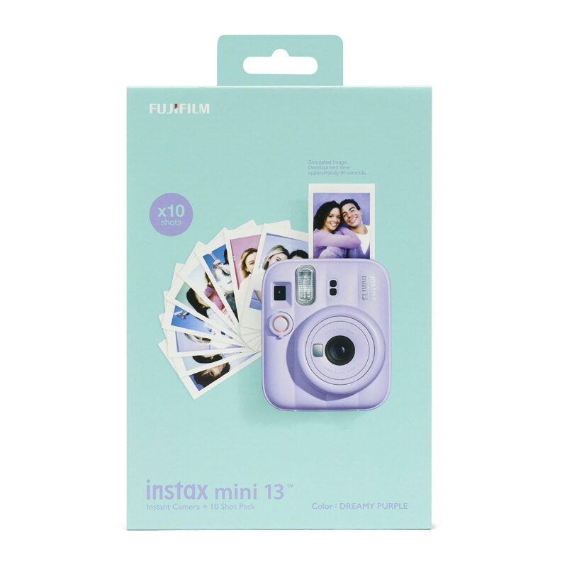fuj170522-10-a9b Cámara instantánea Fujifilm Instax Mini 13 en color púrpura con 10 fotos impresas alrededor. Ideal para recuerdos.