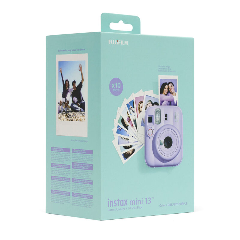 fuj170522-7-ff5 Fujifilm Instax Mini 13 en color morado soñador, incluye 10 fotos instantáneas y diseño compacto ideal para eventos.