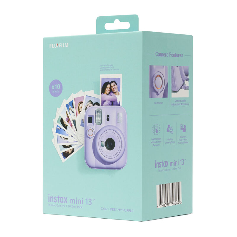 fuj170522-9-0b2 Cámara instantánea Fujifilm Instax Mini 13 de color púrpura con 10 fotos impresas. Ideal para selfies y momentos divertidos.