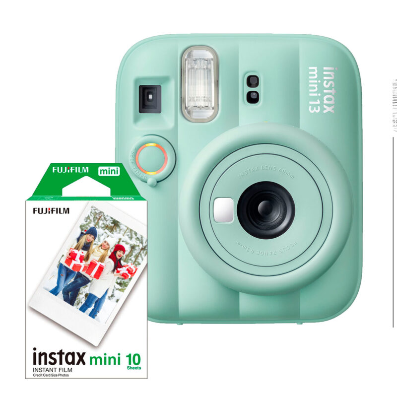 Cámara instantánea Fujifilm Instax Mini 13 color verde menta con flash y lente de enfoque. Incluye película Instax Mini 10.