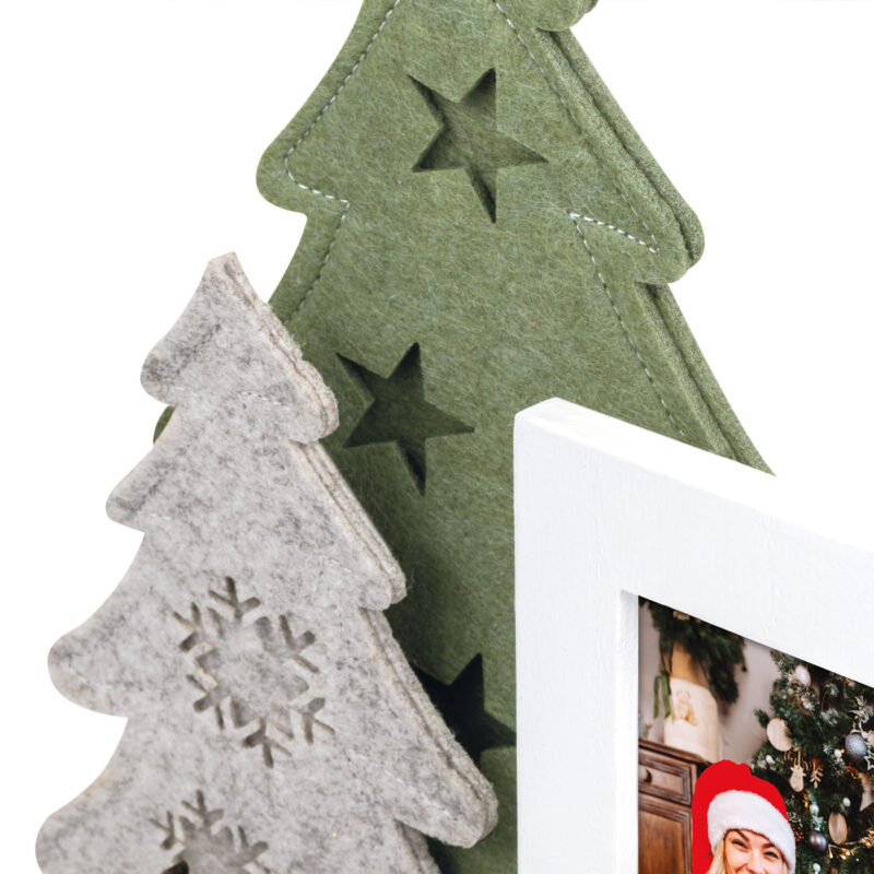 ibi100189-2-e7c Árboles navideños decorativos en fieltro verde y gris con marco blanco para fotos, ideal para decoración festiva.