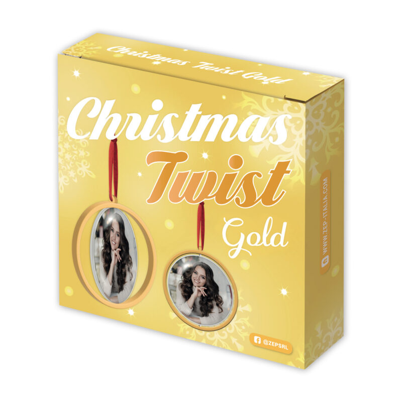 ibi500021-3-dd0 Adorno navideño "Christmas Twist Gold" con fotos personalizadas en marcos redondos dorados.