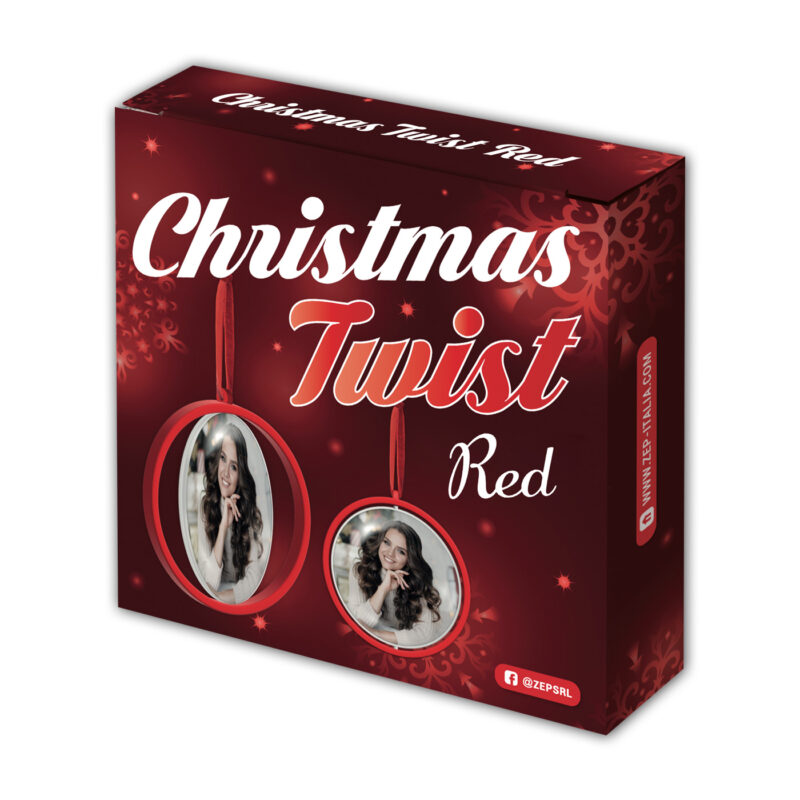 ibi500022-3-a41 Caja de Christmas Twist Red con dos adornos circulares para fotos, ideal para decoración navideña.