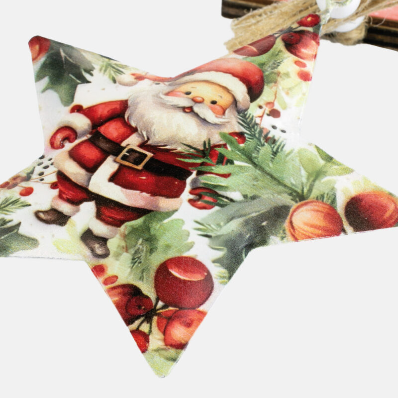 ibi500023-1-81f Adorno navideño en forma de estrella con imagen de Santa Claus y decoración navideña festiva.