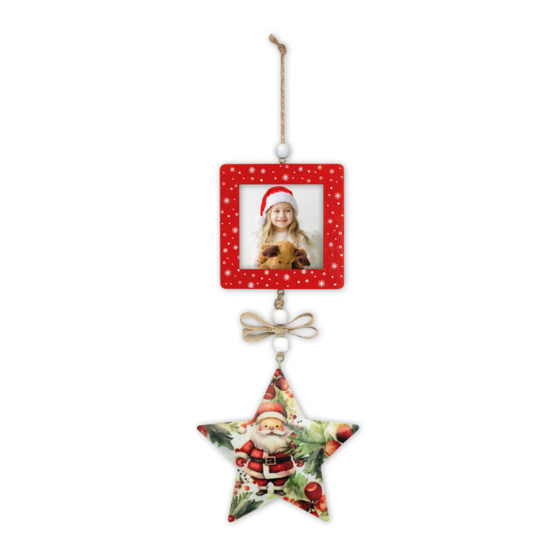 Adorno navideño en forma de estrella con foto y figura de Santa Claus. Perfecto para decoración navideña.