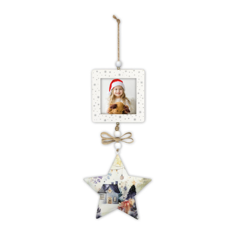 Marco decorativo de madera con estrella, diseño navideño y foto de niña, accesorio festivo para adornar.