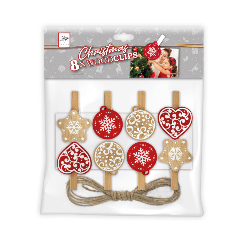 ibi500025-1-01a Pinzas decorativas navideñas en madera, juego de 8 pieces, diseño de copos de nieve en colores rojo y dorado.
