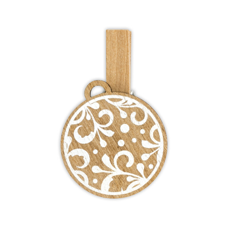 ibi500025-3-f2c Pinza decorativa de madera con diseño floral blanco, ideal para manualidades y proyectos de fotografía creativa.