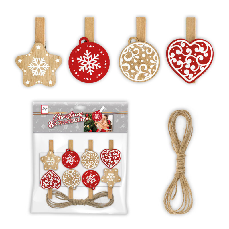 Clip de madera de Navidad, 8 piezas, estrellas y corazones decorativos, ideal para decoración festiva y manualidades.