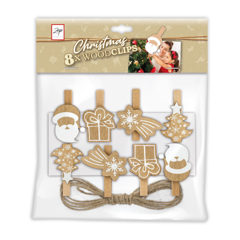 ibi500026-1-522 Pinzas de madera navideñas, juego de 8, diseños de regalos y adornos, decorativas y funcionales para manualidades.
