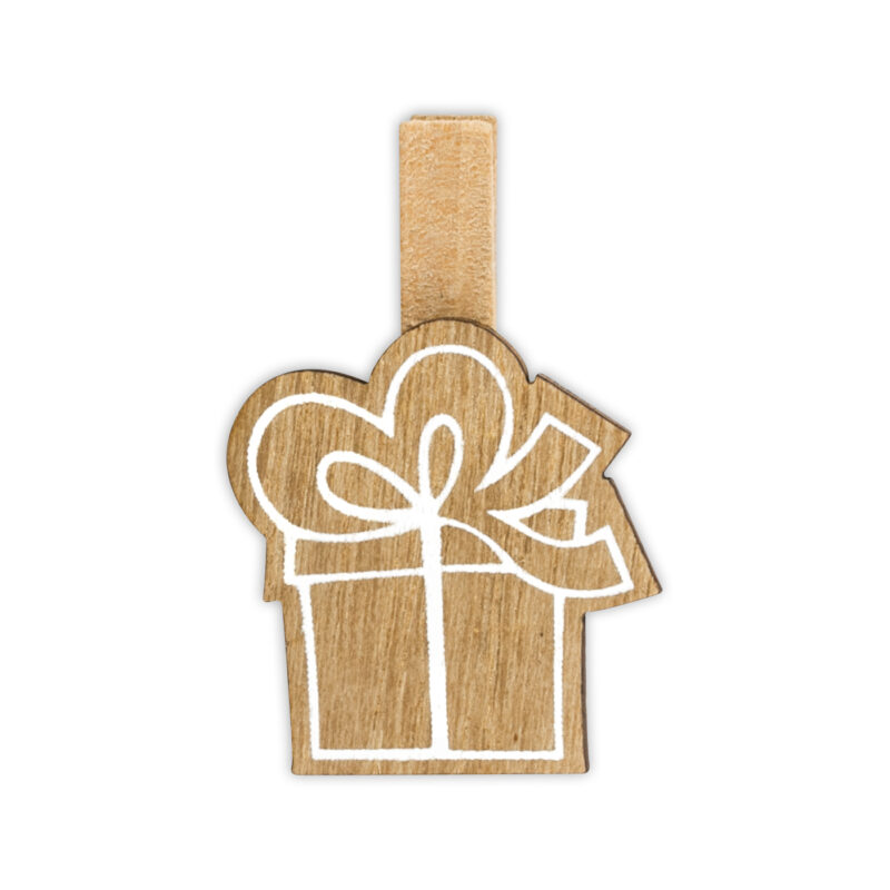 ibi500026-4-144 Etiqueta de madera en forma de regalo con un lazo, ideal para decoración de fiestas y manualidades.