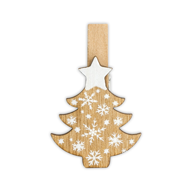 ibi500026-6-0a9 Pinza decorativa en forma de árbol de Navidad, con detalles en blanco y madera natural, ideal para manualidades festivas.