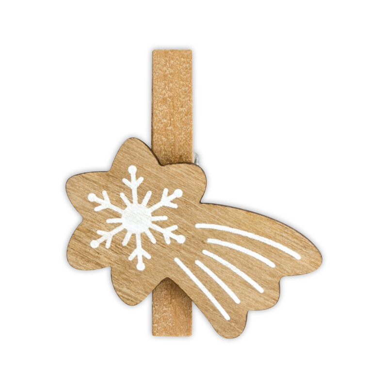 ibi500026-7-1ec Clips de madera decorativos con diseño de copo de nieve y estrellitas, ideales para decoraciones navideñas.