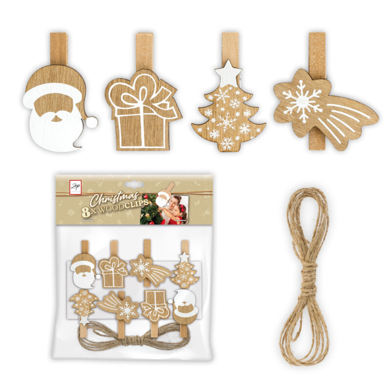 Clips de madera navideños, incluye Santa, árbol y estrellas, decoración creativa para fiestas y manualidades.