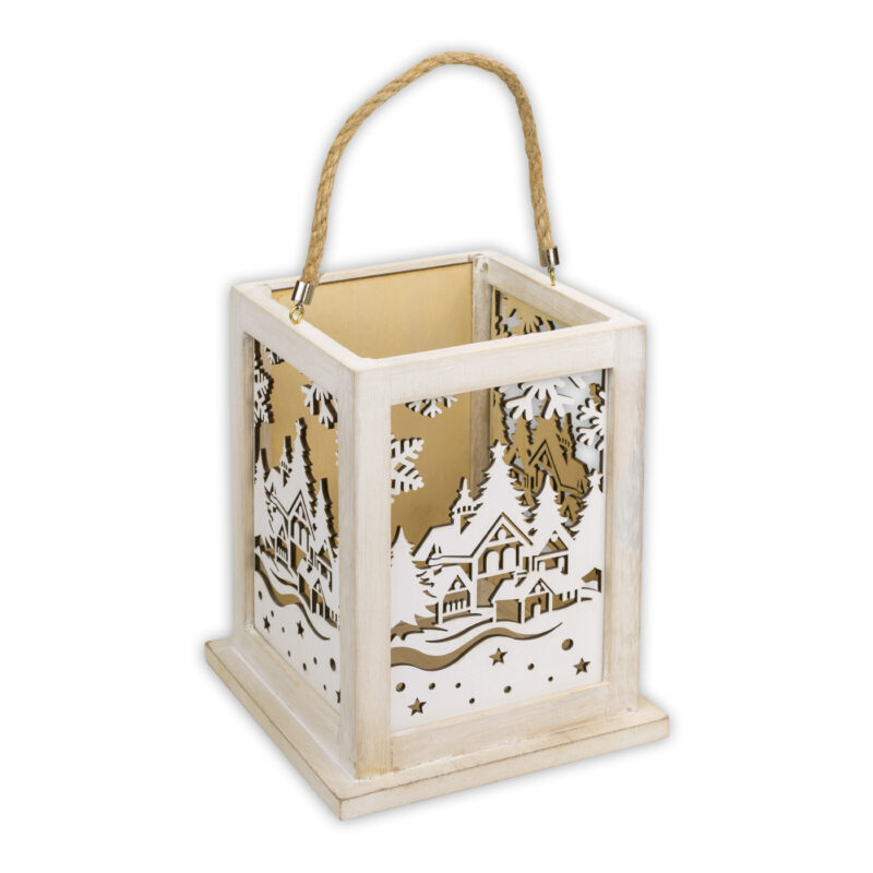 ibi500027-1-44d Farol de decoración de madera con diseño de invierno y cuerda de yute, ideal para ambientar espacios navideños.