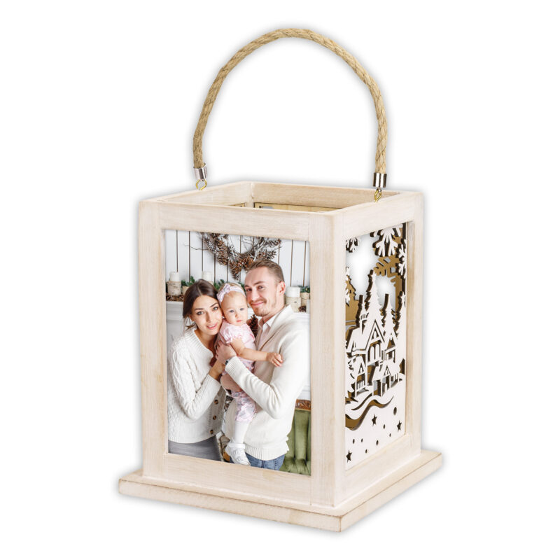 Lámpara decorativa de madera con foto, diseño navideño y asa de cuerda para uso interior. Ideal para decoraciones festivas.