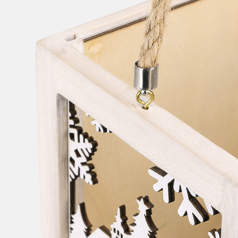 ibi500027-3-19c Lámpara decorativa de madera con diseño de copos de nieve y cuerda de yute para adornos navideños.