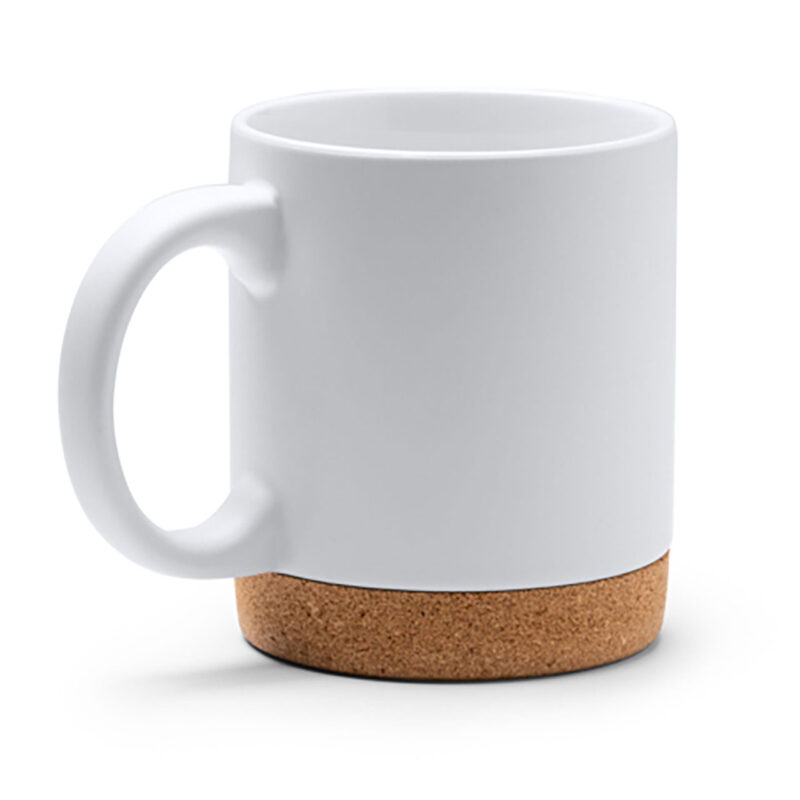 tct712011-31b Taza blanca con base de corcho, ideal para mantener bebidas calientes. Accesorio de cocina moderno y funcional.